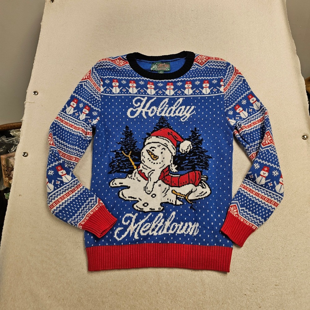 Ugly Christmas Sweater Holiday Meltdown Melting Snowman Blue Fair Isle Mens M